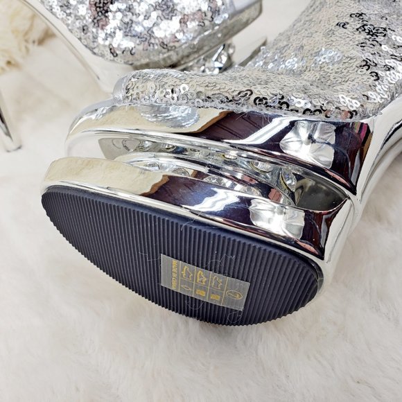 Silver Sequin Open Toe Thigh High Heel Boots - Picture 5 of 15